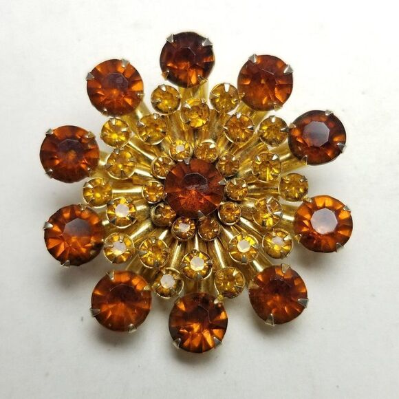 Vintage Yellow and Dark Orange Rhinestone Cluster Floral Flower Brooch 60s Style - Picture 2 of 6
